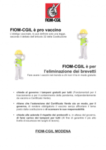Fiom Cgil è pro vaccino e per l'eliminazione dei brevetti