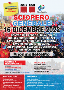 No ad una legge finanziaria sbagliata! 16 dicembre 2022 sciopero generale! Manifestazione a Reggio Emilia
