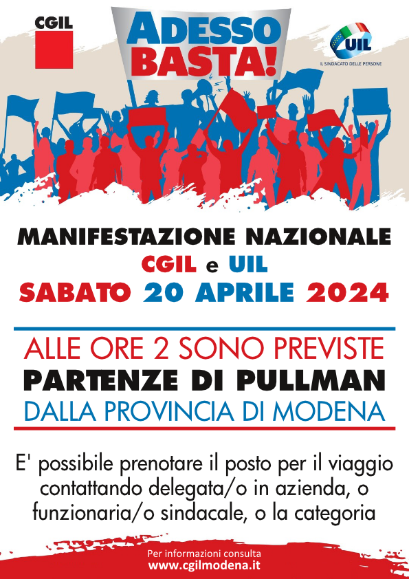 Adesso basta! Manifestazione nazionale di Cgil e Uil il 20 aprile a Roma