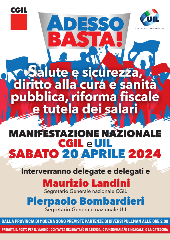 Adesso basta! Le motivazioni della manifestazione nazionale di Cgil e Uil il 20 aprile a Roma