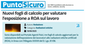PuntoSicuro - Nuovi fogli di calcolo per valutare l’esposizione a Radiazioni Ottiche Artificiali (ROA) sul lavoro