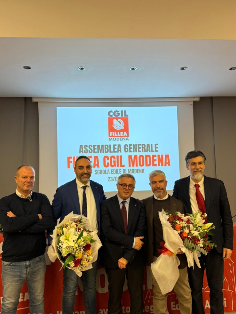 Assemblea generale Fillea Cgil Modena - Da sinistra: Ledda, Ferraro, Di Franco, Imperato, De NIcola - 23/1/2026