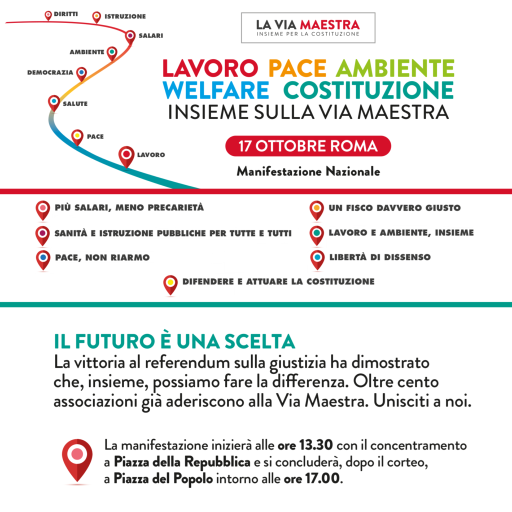 17 ottobre 2026, manifestazione nazionale a Roma: lavoro, pace, ambiente, welfare, costituzione insieme sulla via maestra